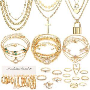 50 PCS Gold Jewelry Set for Women, Dangle Earrings, Ring, Necklace